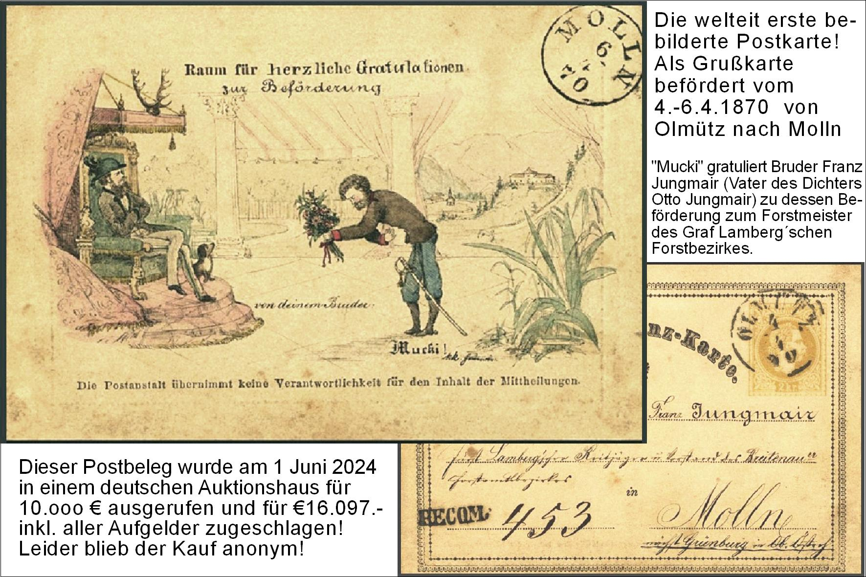 Weltweit erste bebilderte Postkarte Molln 1870